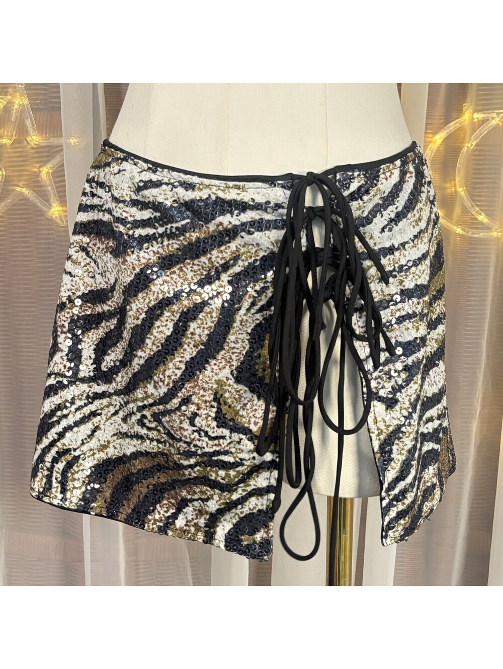 Sequin Zebra Print Lace Up Mini Skirt Y2K Animal Print Clubwear Size S McBling
